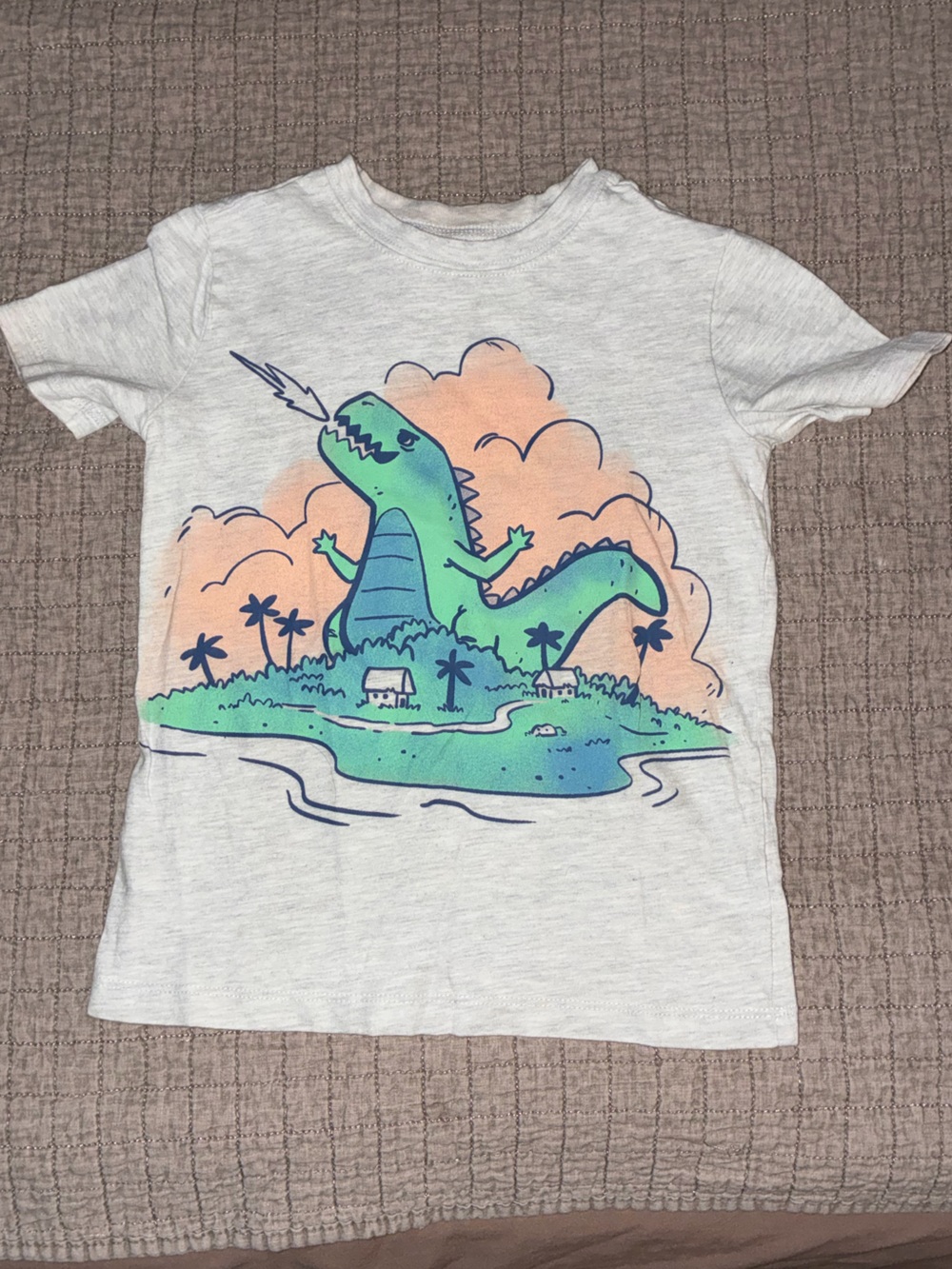 Carter's White Tee with Green Dino and Coral Clouds